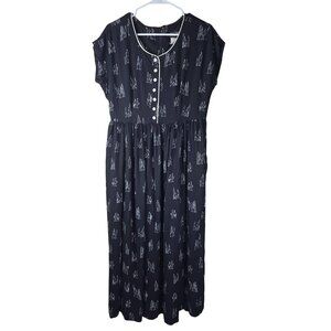 Vintage Melissa Collection Black Button-Down Midi‎ Dress Abstract Stick Figures